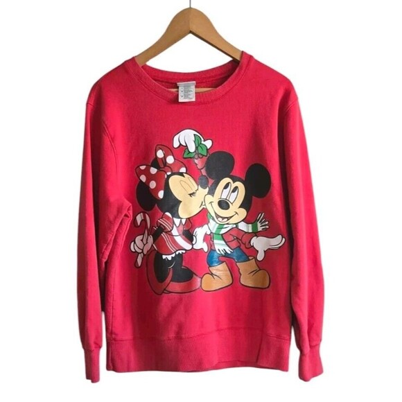 Vintage Mickey Minnie Mouse Sweatshirt Women's Medium Red Mistletoe Cotton - Picture 1 of 7